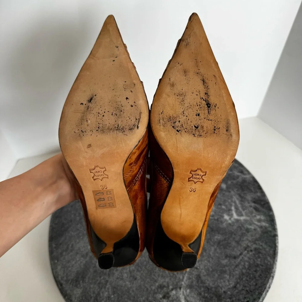 Paolo Iantorno Eel Skin Leather Heels Pointed Toe Brown 36